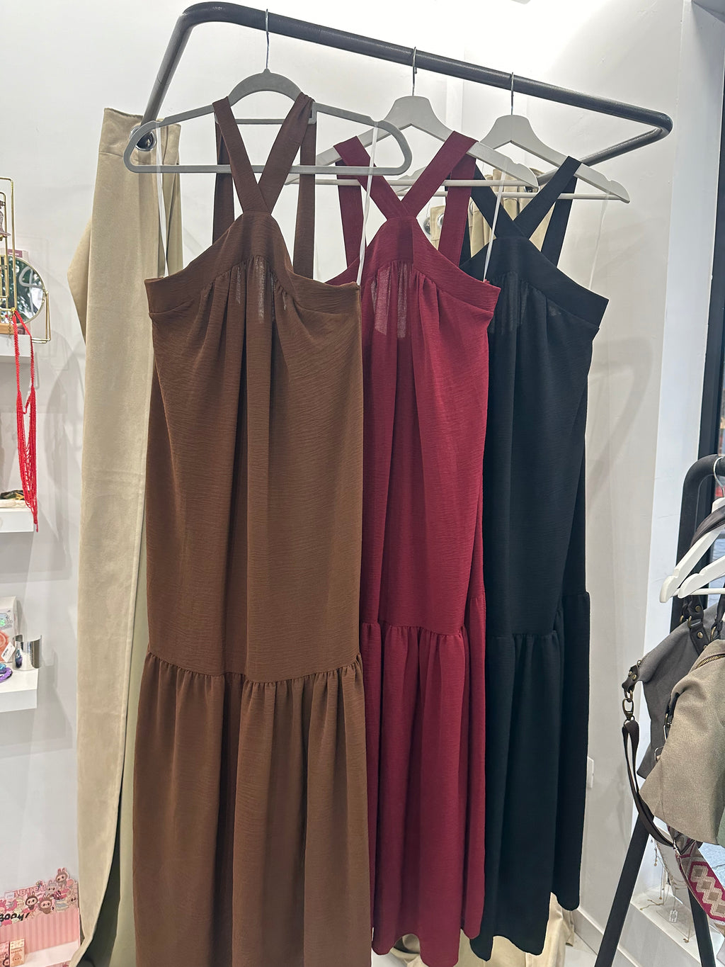 Vestido largo tirantes cruzados espalda | Vestido elegante negro y marrón mujer