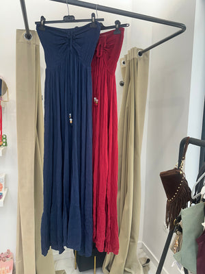 Vestido largo palabra de honor con cordón y abalorios | Azul marino y rojo