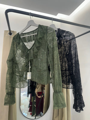 Blusa de encaje con volantes mujer | Elegancia en verde y negro