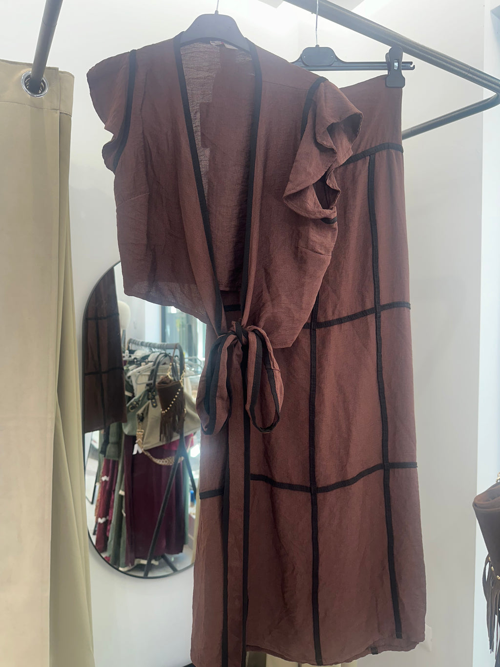 Falda midi marrón con ribetes negros | Falda boho elegante mujer